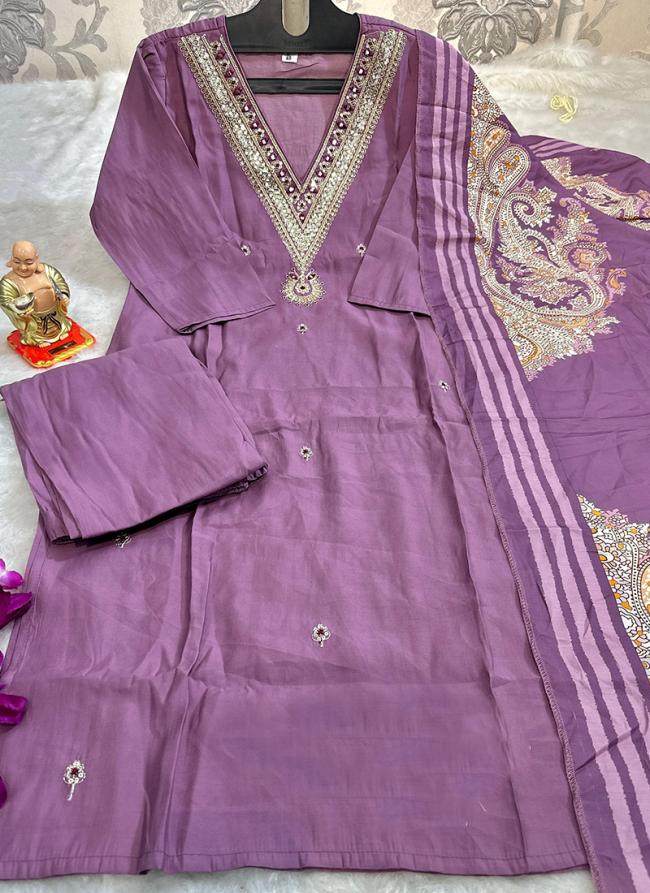 Roman Silk Purple Traditional Wear Printed Readymade Kurti Set